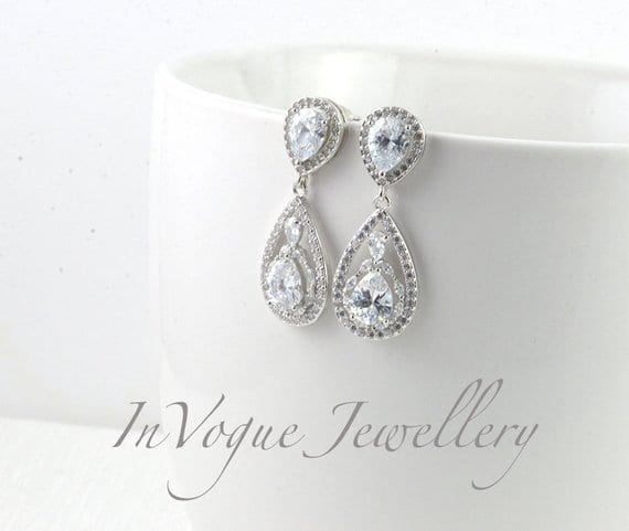 Silver Classic Cubic Zirconia Teardrop Wedding Bridal Earrings