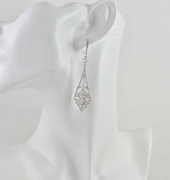 Silver Dangle Crystals Cubic Zirconia Wedding Bridal Earrings 54