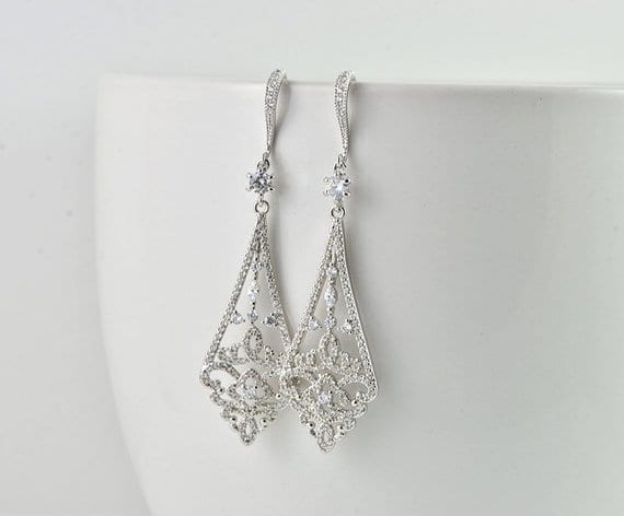 Silver Dangle Crystals Cubic Zirconia Wedding Bridal Earrings 53