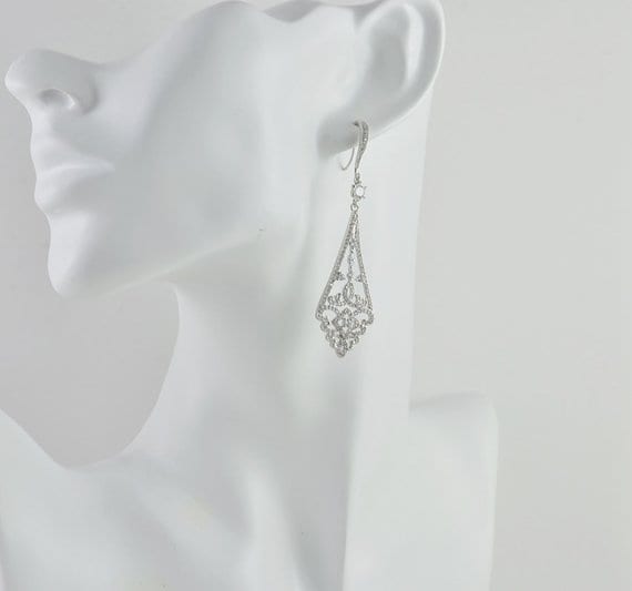 Silver Dangle Crystals Cubic Zirconia Wedding Bridal Earrings 52