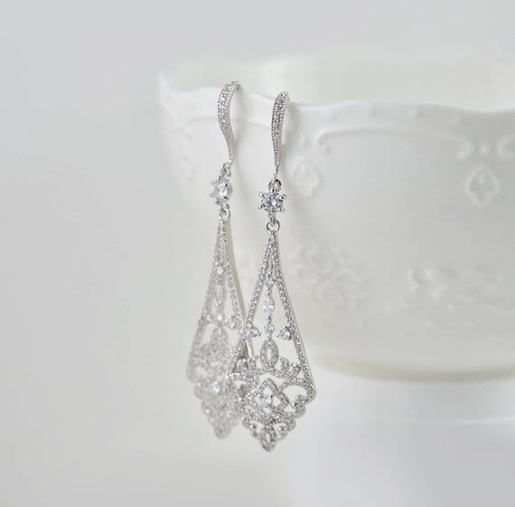 Silver Dangle Crystals Cubic Zirconia Wedding Bridal Earrings 51