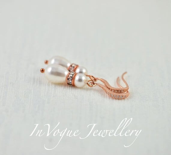 Swarovski Pearl Crystal Rose Gold Bridal Wedding Earrings