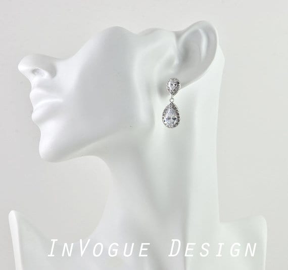 Elegant Bridal Silver Cubic Zirconia Teardrop Wedding Earrings 1