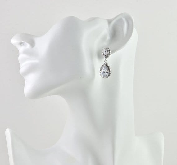 Elegant Bridal Silver Cubic Zirconia Teardrop Wedding Earrings