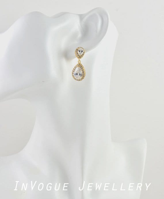 Elegant Bridal Gold Cubic Zirconia Teardrop Wedding Earrings