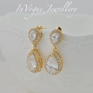 Elegant Bridal Gold Cubic Zirconia Teardrop Wedding Earrings
