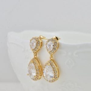 Elegant Bridal Gold Cubic Zirconia Teardrop Wedding Earrings