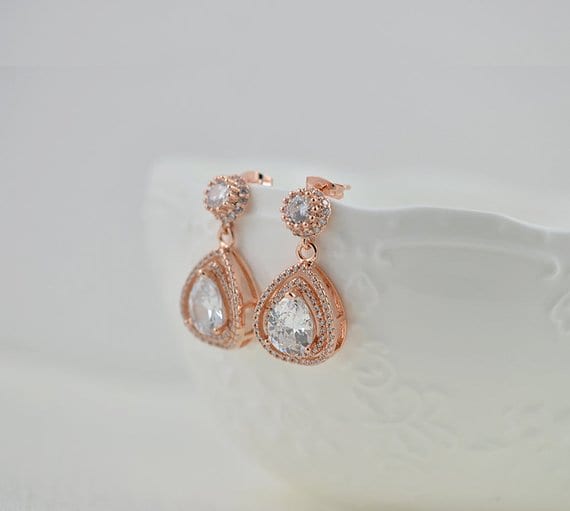 Wedding Bridesmaid Earrings - Bridal Rose Gold Cubic Zirconia Teardrop 4