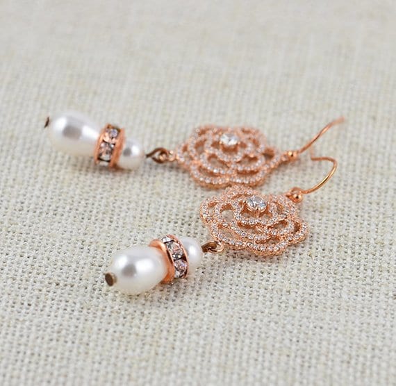 Swarovski Pearl Bridal Earrings - Rose Gold Floral 1
