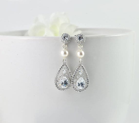 Classic Swarovski Drop Earrings - Silver Bridal Pearl Cubic Zirconia 55