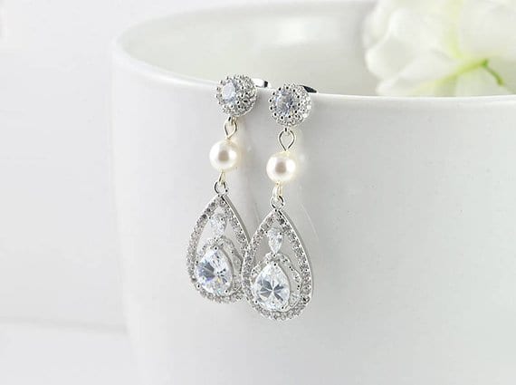 Classic Swarovski Drop Earrings - Silver Bridal Pearl Cubic Zirconia 53