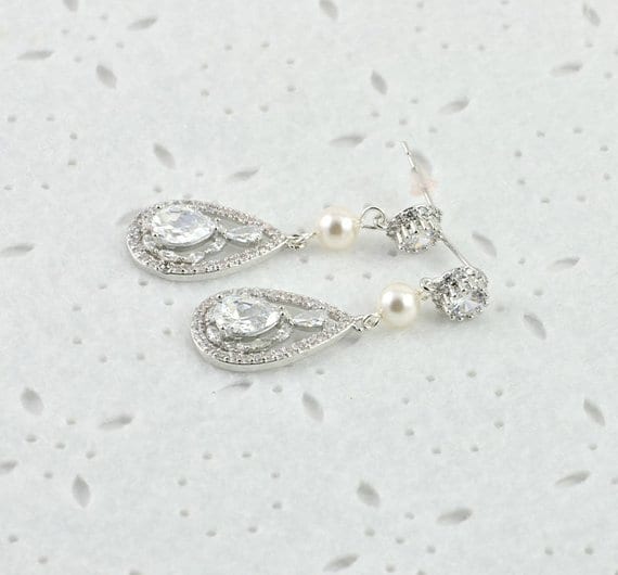 Classic Swarovski Drop Earrings - Silver Bridal Pearl Cubic Zirconia 52