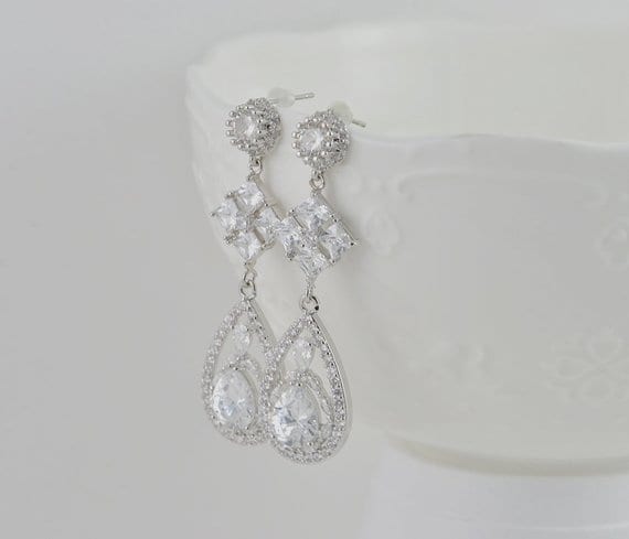 Silver Cubic Zirconia Teardrop Dangle Wedding Bridesmaids Bridal Earrings