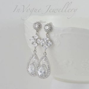 Silver Cubic Zirconia Teardrop Dangle Wedding Bridesmaids Bridal Earrings