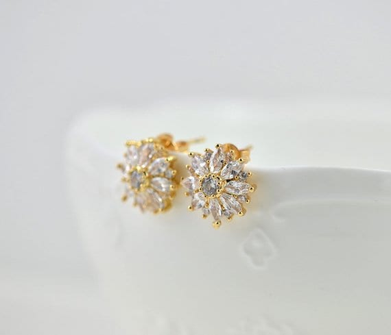Elegant Cubic Zirconia Gold Stud Crystal Bridal & Bridesmaid Earrings