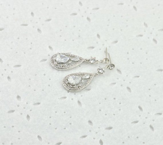 Elegant Drop Silver Cubic Zirconia Crystal Bridal Wedding Earrings 4