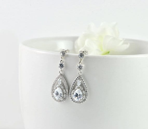 Elegant Drop Silver Cubic Zirconia Crystal Bridal Wedding Earrings 3