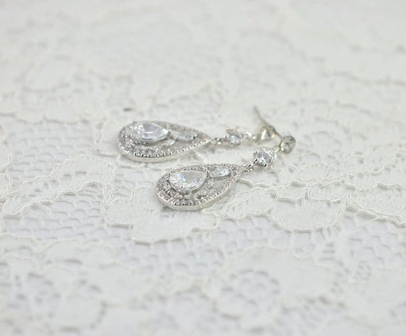 Elegant Drop Silver Cubic Zirconia Crystal Bridal Wedding Earrings 52