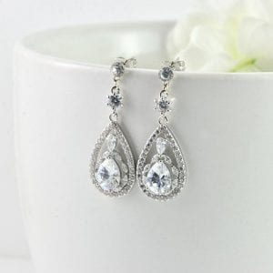 Elegant Drop Silver Cubic Zirconia Crystal Bridal Wedding Earrings