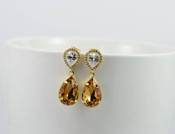 Gold Topaz Cubic Zirconia Teardrop Bridal Wedding Earrings 53