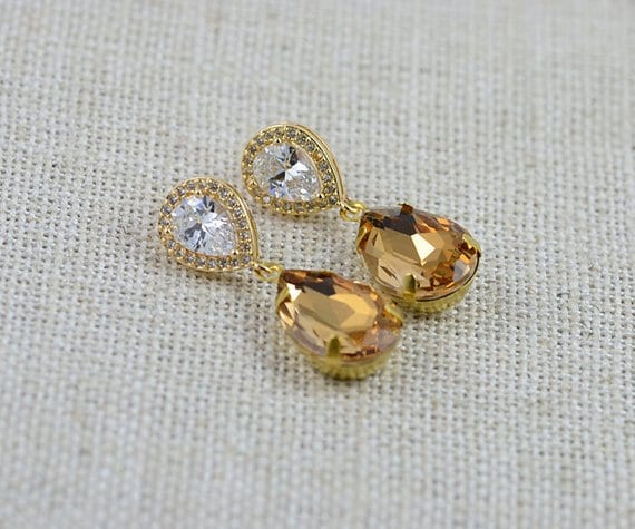 Gold Topaz Cubic Zirconia Teardrop Bridal Wedding Earrings 1