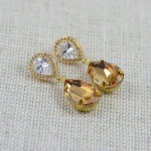 Gold Topaz Cubic Zirconia Teardrop Bridal Wedding Earrings