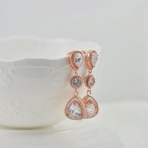 Rose Gold Bridal Cubic Zirconia Wedding Brides Bridesmaids Drop Earrings