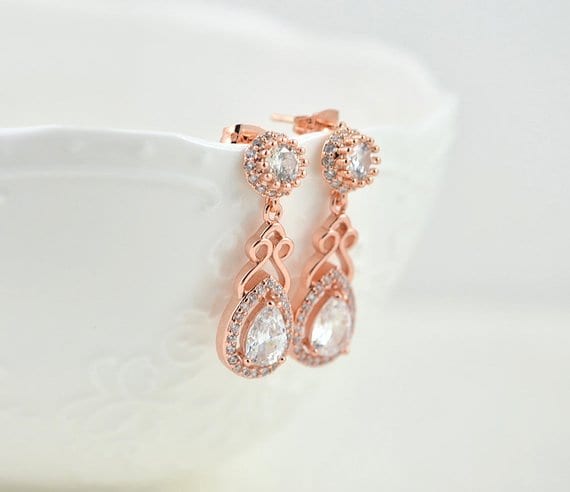 Rose Gold Cubic Zirconia Crystal Wedding Bridal Earrings