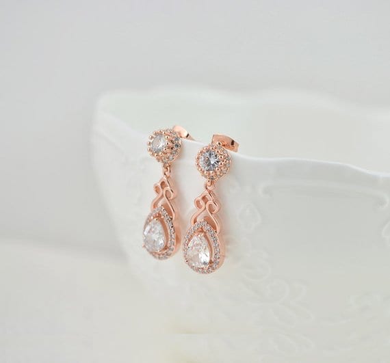 Rose Gold Cubic Zirconia Crystal Wedding Bridal Earrings 52