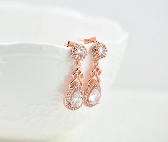 Rose Gold Cubic Zirconia Crystal Wedding Bridal Earrings 51