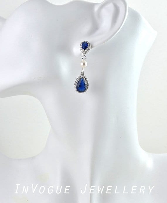 Sapphire Teardrop Blue Cubic Zirconia Swarovski Pearls Bridal Wedding Bridesmaid Earrings Jewellery