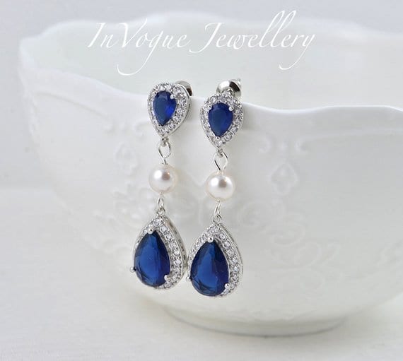 Sapphire Teardrop Blue Cubic Zirconia Swarovski Pearls Bridal Wedding Bridesmaid Earrings Jewellery