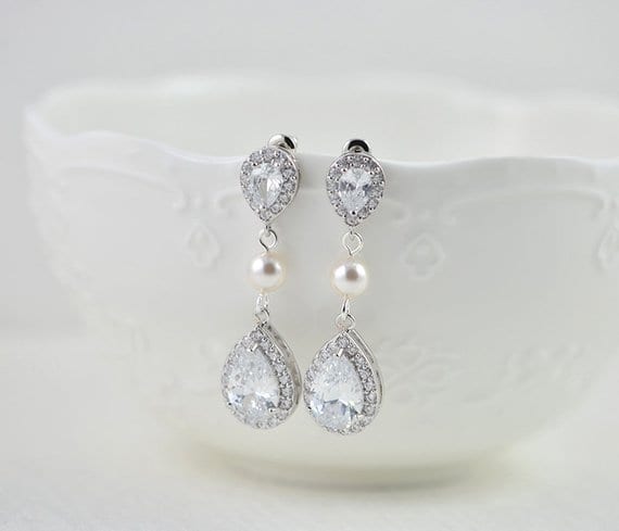 Silver Cubic Zirconia Crystals Swarovski White Pearl Bridal Wedding Earrings 4