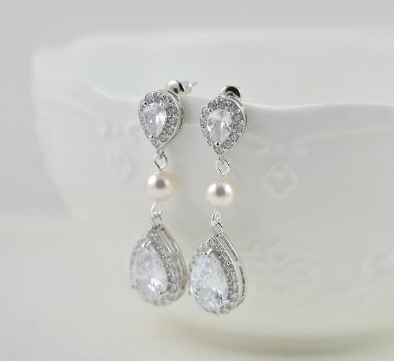Silver Cubic Zirconia Crystals Swarovski White Pearl Bridal Wedding Earrings 3