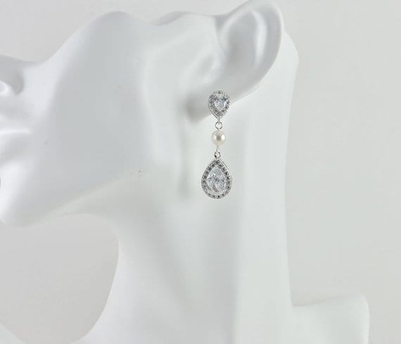 Silver Cubic Zirconia Crystals Swarovski White Pearl Bridal Wedding Earrings 52