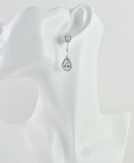 Silver Cubic Zirconia Crystals Swarovski White Pearl Bridal Wedding Earrings 51