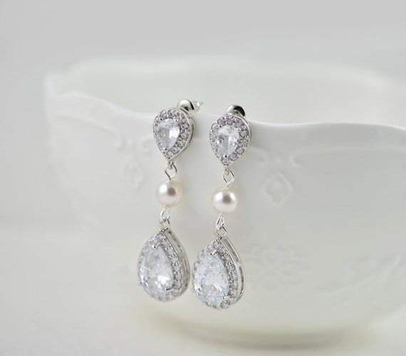 Silver Cubic Zirconia Crystals Swarovski White Pearl Bridal Wedding Earrings