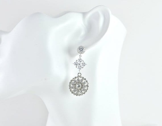 Vintage Silver Bridal Drop Cubic Zirconia Bridal Wedding Earrings Jewellery 55