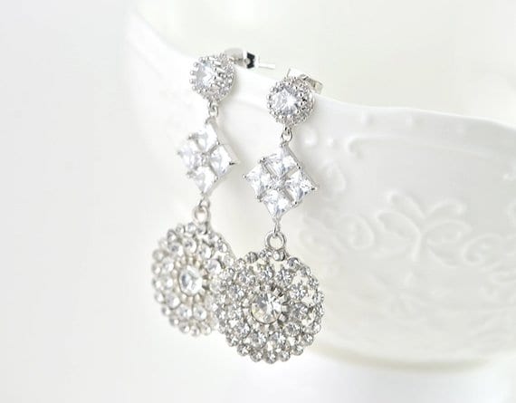 Vintage Silver Bridal Drop Cubic Zirconia Bridal Wedding Earrings Jewellery 54