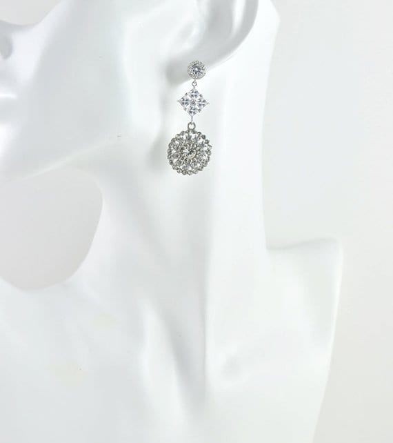 Vintage Silver Bridal Drop Cubic Zirconia Bridal Wedding Earrings Jewellery 52