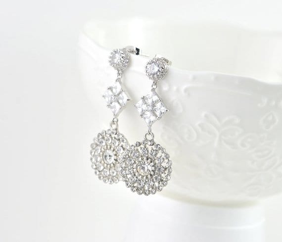 Vintage Silver Bridal Drop Cubic Zirconia Bridal Wedding Earrings Jewellery 51