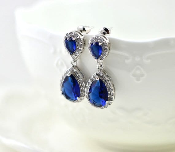 Bridal Silver Drop Blue Sapphire Cubic Zirconia Earrings
