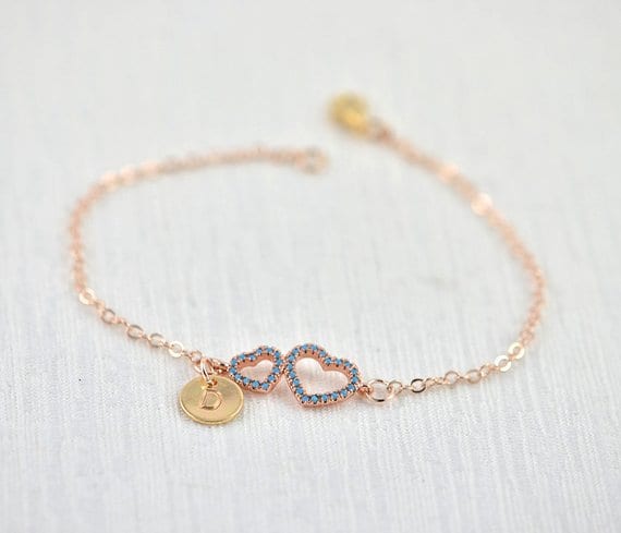 Dainty Rose Gold Two Tiny Hearts Personalised Turquoise Heart Bracelet