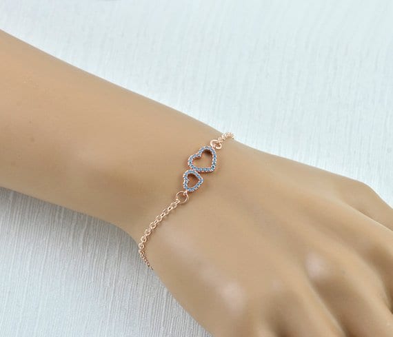 Dainty Rose Gold Two Tiny Hearts Personalised Turquoise Heart Bracelet 1