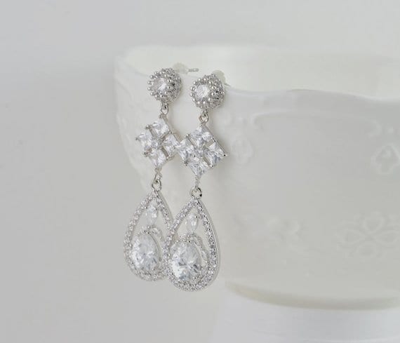 Drop Silver Cubic Zirconia Square Bridal Earrings