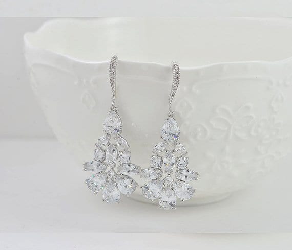 Elegant Silver Crystal Cubic Zirconia Drop Wedding Bridal Earrings