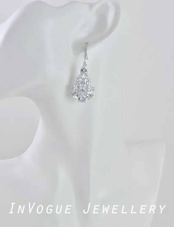 Elegant Silver Crystal Cubic Zirconia Drop Wedding Bridal Earrings