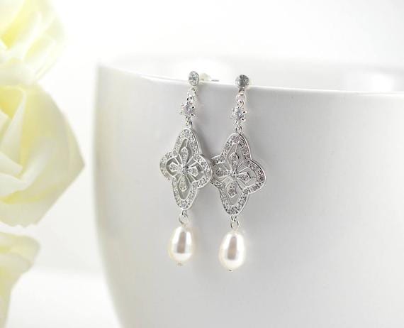 Elegant Swarovski Silver Pearl Crystal Teardrop Bridal Earrings
