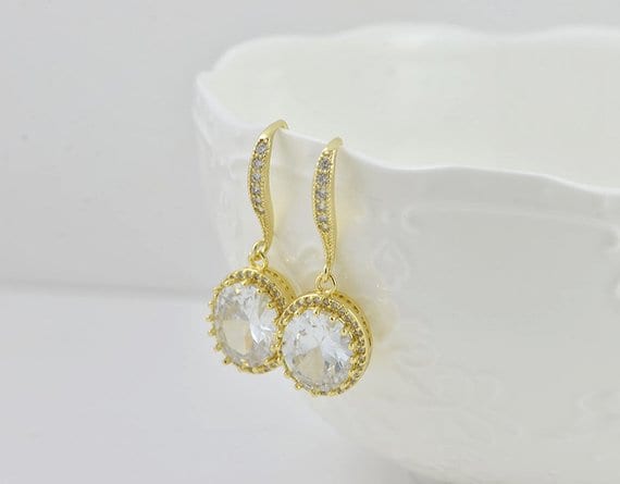 Gold Cubic Zirconia Drop Bridal/Bridesmaid Wedding Earrings