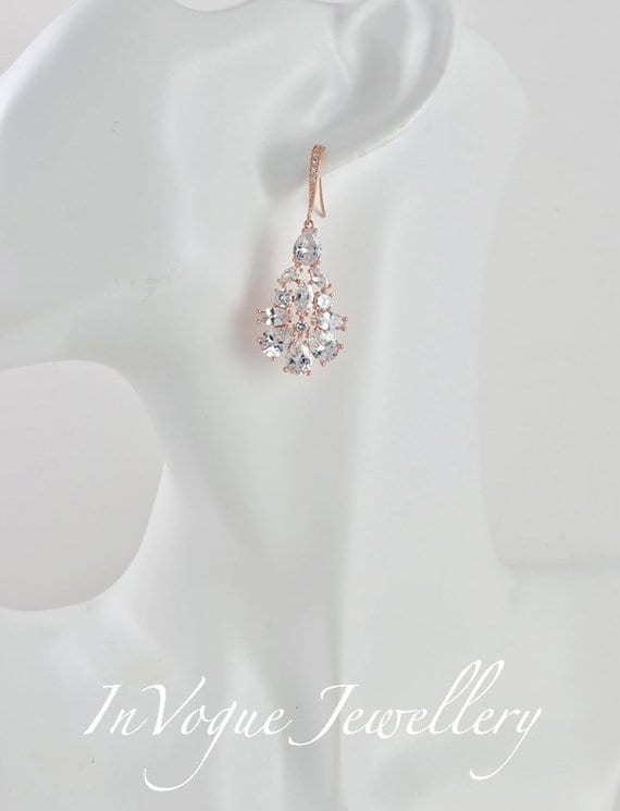 Rose Gold Cubic Zirconia Crystal Bridal & Wedding Earrings
